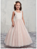 Beaded V Neck Ivory Lace Tulle Pink Lining Ankle Length Flower Girl Dress